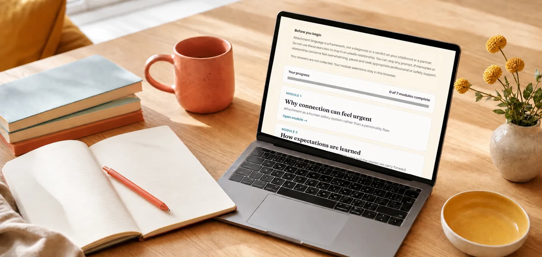Laptop displaying the Happy Mind Society Attachment Basics course overview with progress and modules